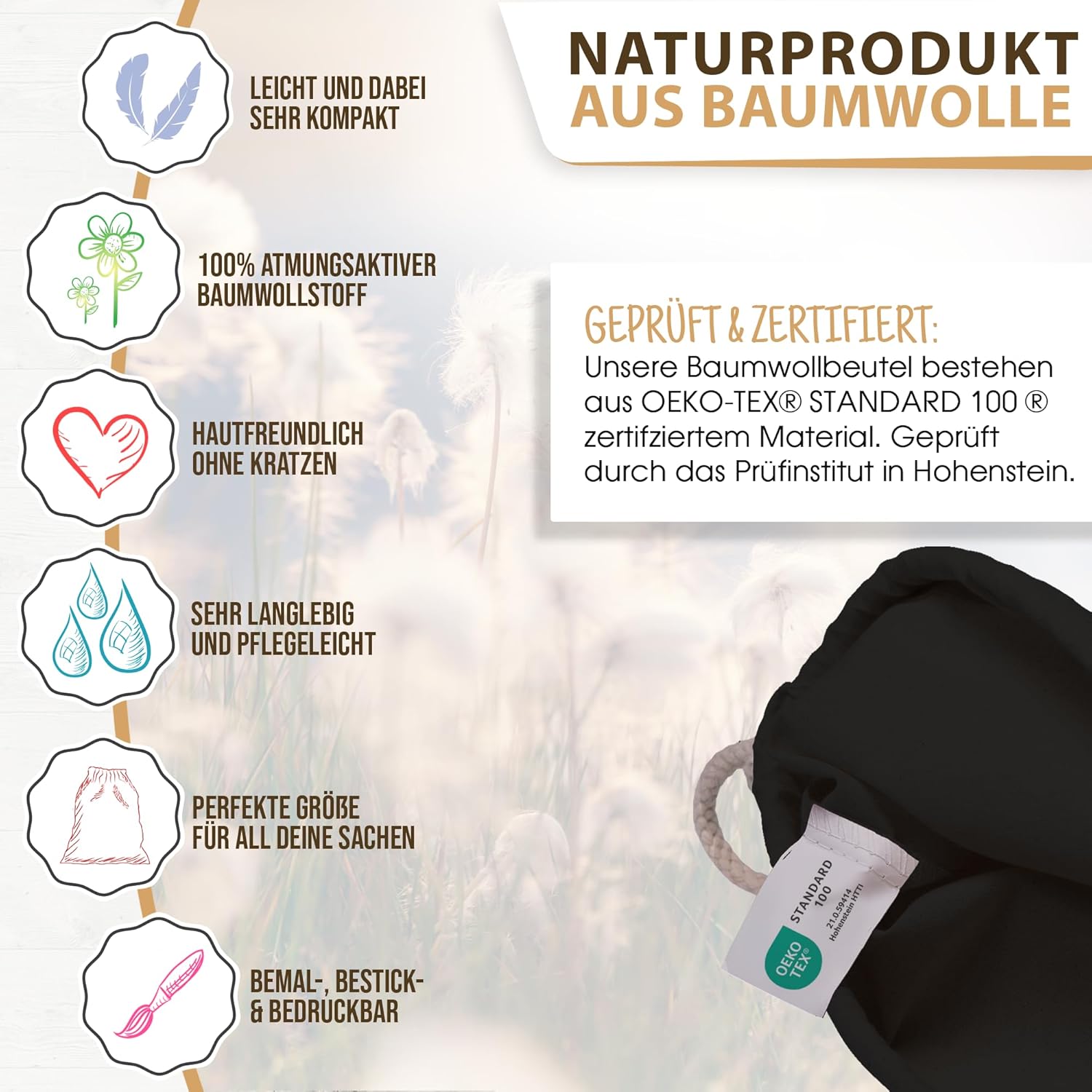 ELES VIDA Cotton Gym Bag, 1 Piece, 38 x 42 cm, Sports Bag, Backpack, Fabric Bag, Cotton Bag, Jute Bag, Oeko-Tex® Tested Fabric Bag for Men and Women, Children's Gym Bag, for Painting – Bild 4