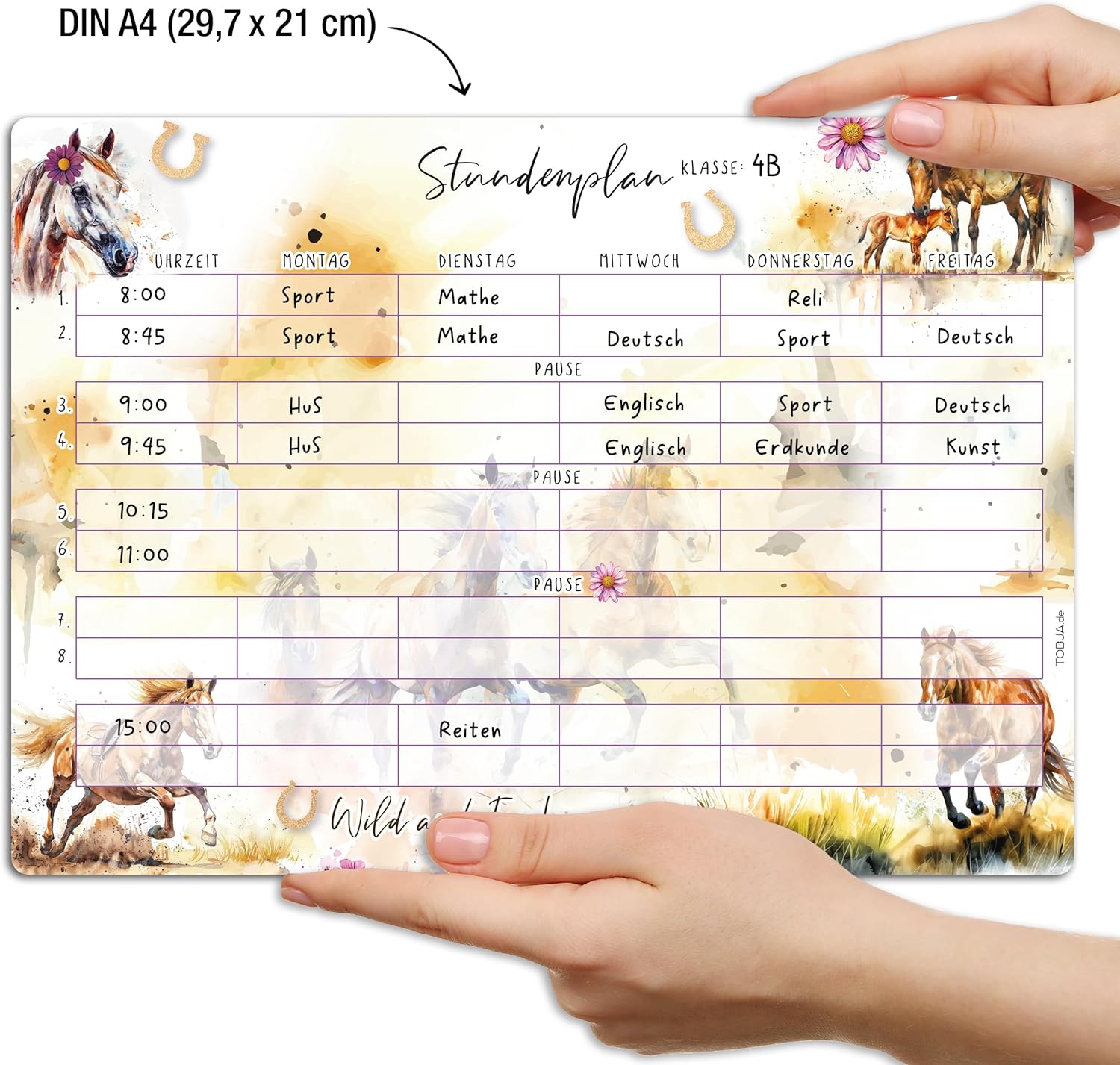 TOBJA Timetable Wipe Clean Self-Adhesive Horse Design DIN A4 Reusable with Water-Soluble Edding Pen for Back to School & Filling Sugar Bag Girls (Horses Including Pen) – Bild 4