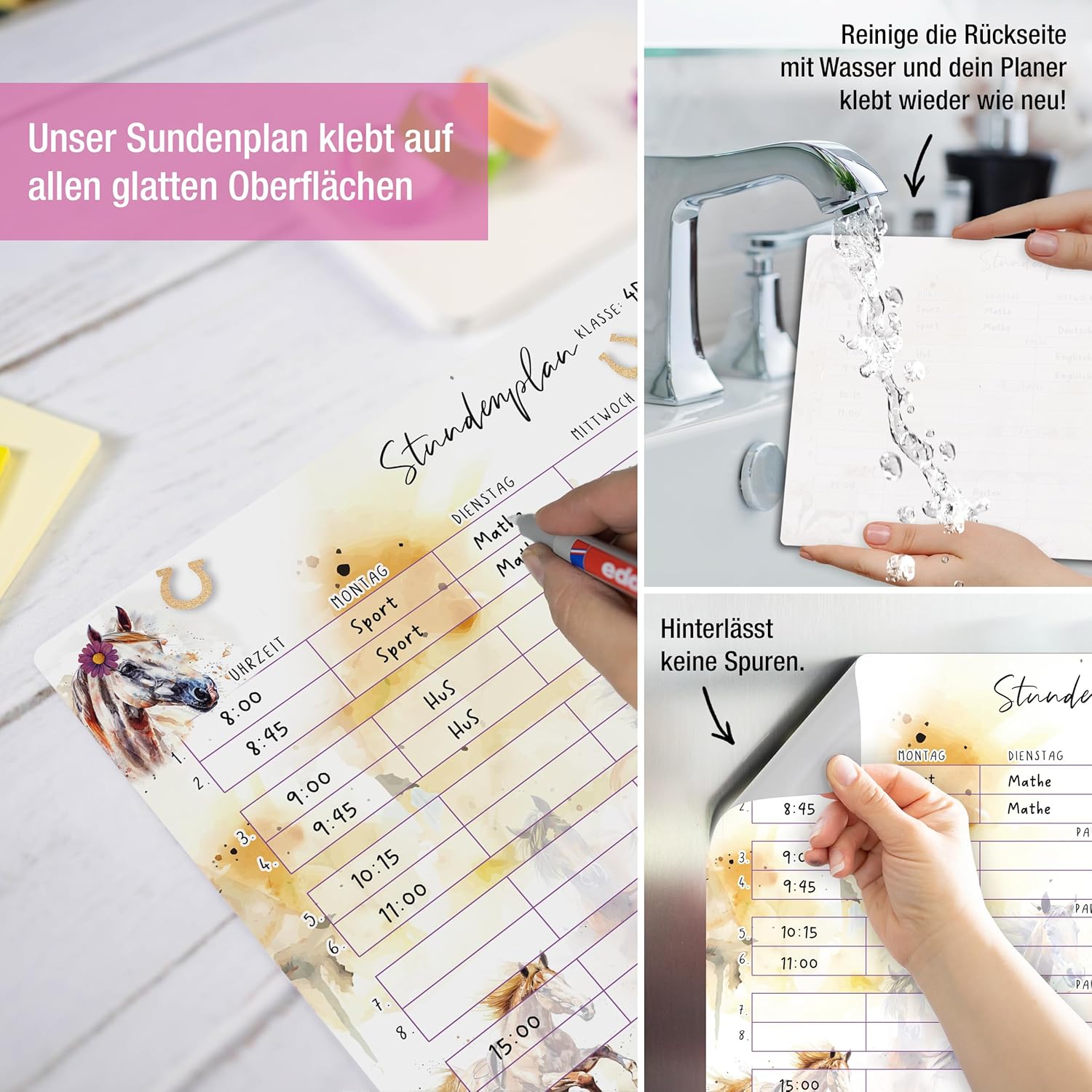 TOBJA Timetable Wipe Clean Self-Adhesive Horse Design DIN A4 Reusable with Water-Soluble Edding Pen for Back to School & Filling Sugar Bag Girls (Horses Including Pen) – Bild 6