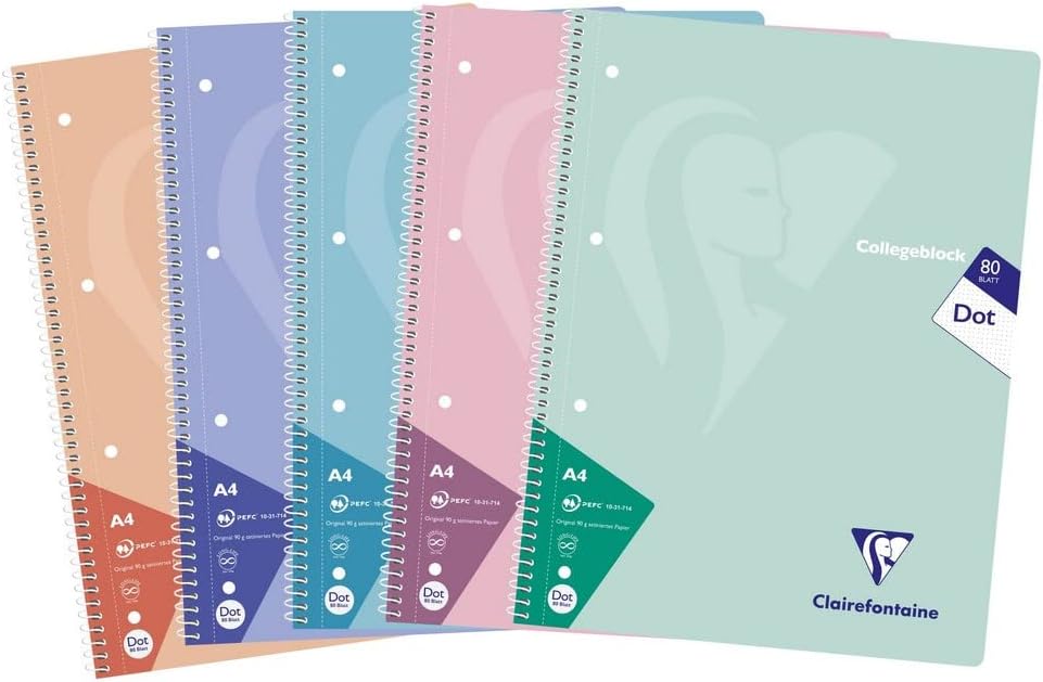 Clairefontaine 306253C Pack of 5 Notebooks / College Notepads, DIN A4, 80 Sheets 90 g Dot/Dot Squared, Assorted Pastel Colours, 1 Pack