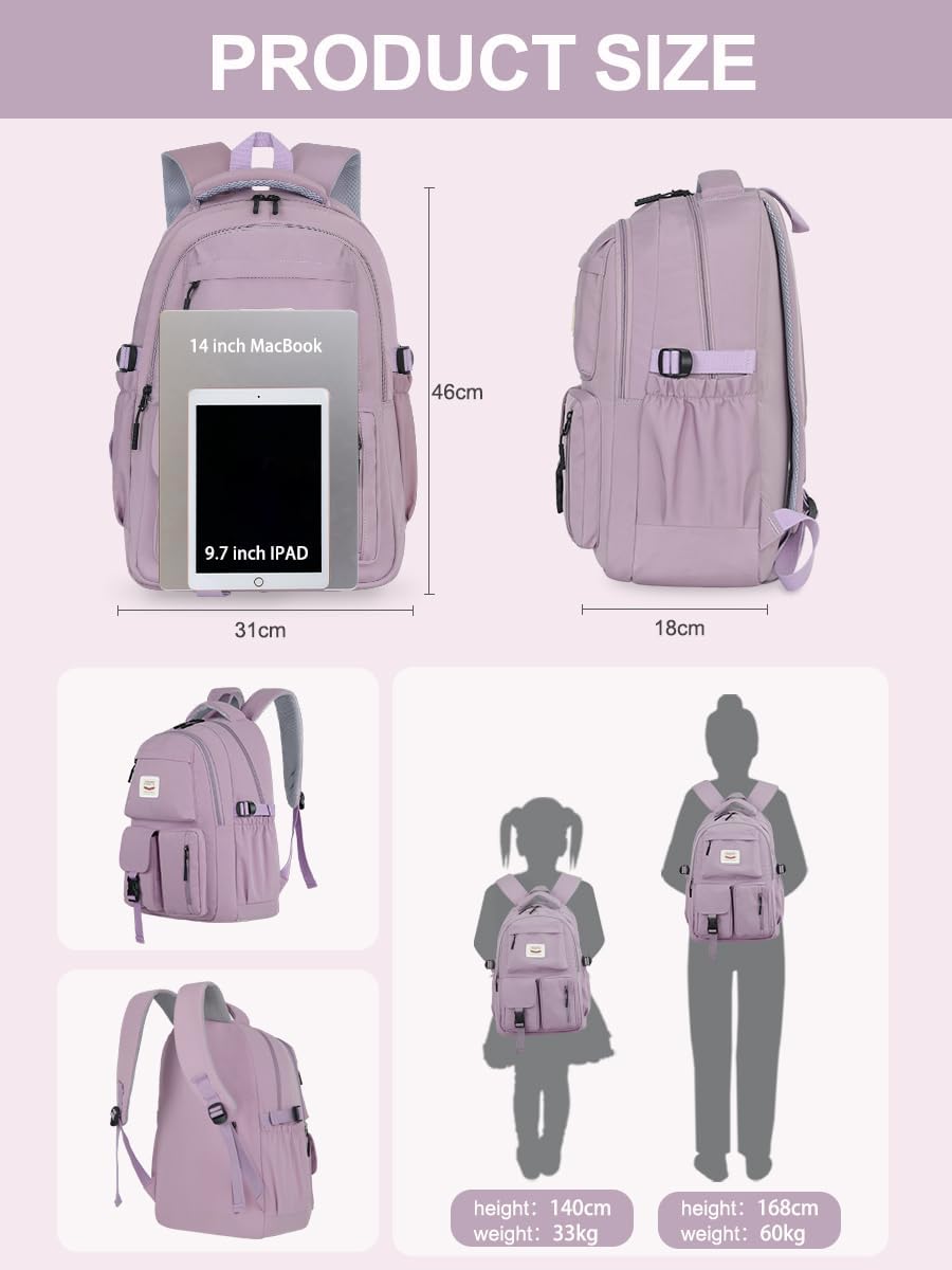 FIORETTO School Backpack Teenager Girls Women School Bag School Bag Backpack School 14 Inch Laptop Compartment Water-Repellent & Lightweight, A-purple, M, Rucksack Backpacks – Bild 5