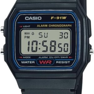 Casio F91W Series Classic Quartz Watch Water Resistant 1/100 Second Stopwatch Daily Alarm Hourly Time Signal Auto Calendar SS Case Back 12/24 Hour Format
