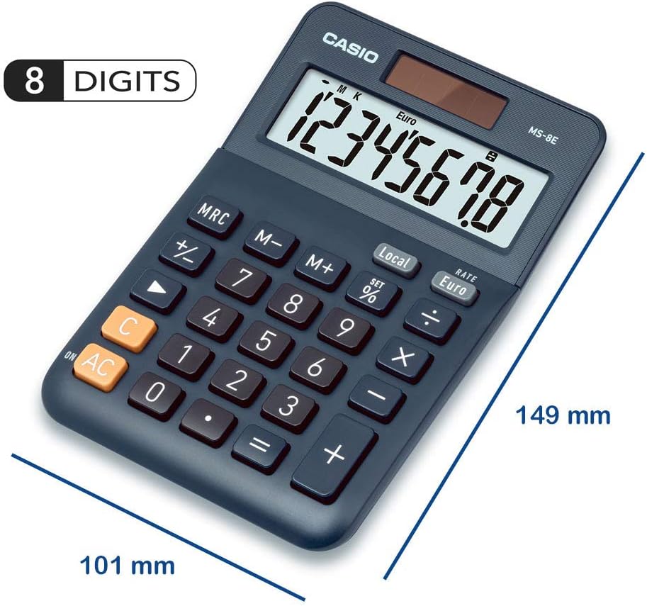Casio MS-8E Desktop Calculator, 8 Digits, Currency Conversion, Rubber Feet, Quick Correction Button, Solar/Battery Operated, Silver – Bild 3