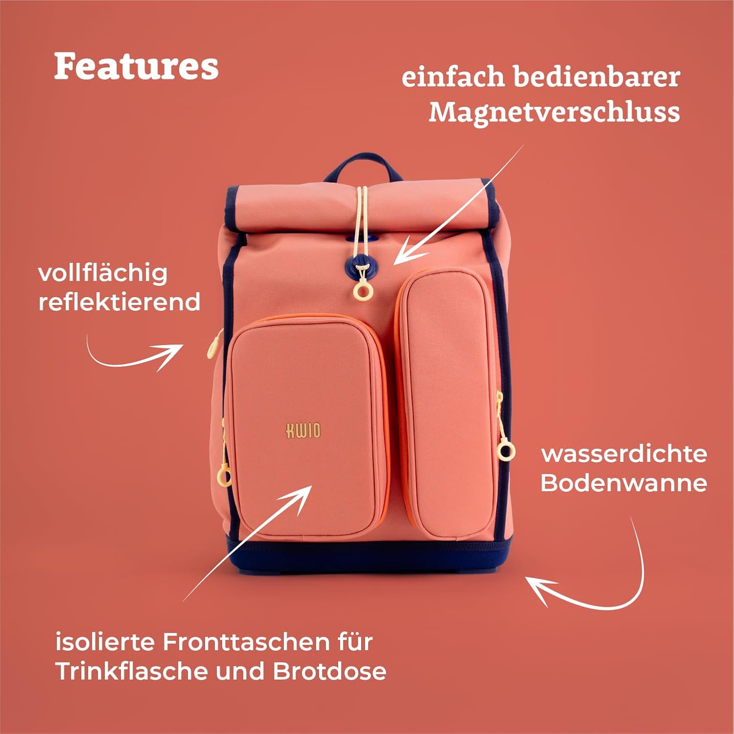 KWIO Bagg School Bag Set, 6 Pieces, Roll-Top Design, Front Pockets for Water Bottle and Lunch Box, Rain Cover, Retro Reflective Coating, Ergonomic Carry System, 1st Class – Bild 4