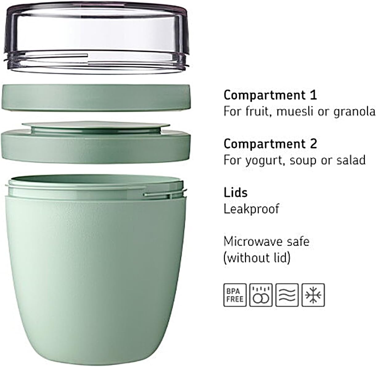 Mepal - Lunchpot Ellipse - Praktischer Joghurtbecher & Müslibecher - Unterteilung für Joghurt & Müsli - Geeignet für Gefrierschrank, Mikrowelle & Spülmaschine - 500 ml + 200 ml - Nordic Sage – Bild 3
