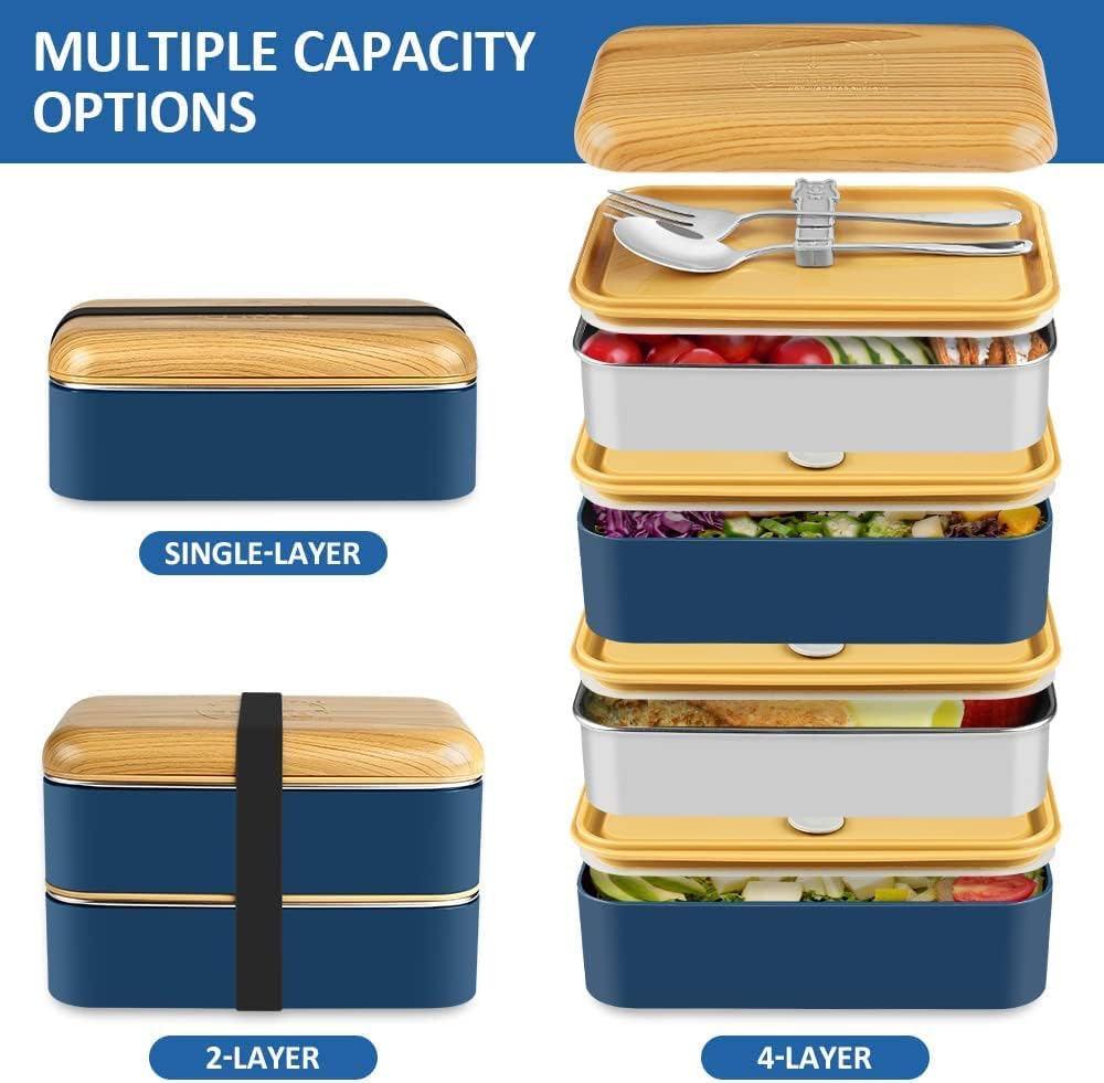 HOLIPOT Bento Box, Lunch Box with Compartments, 2 Levels with 2 Pieces, Environmentally Friendly PP & Stainless Steel Containers, with Fork Spoon Dividers, Carry Bag, for Children and Adults, Blue – Bild 2
