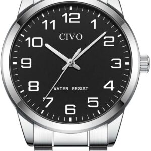 CIVO Men's Casual Analogue Quartz Watch, Easy to Read Silver Stainless Steel Waterproof Watch