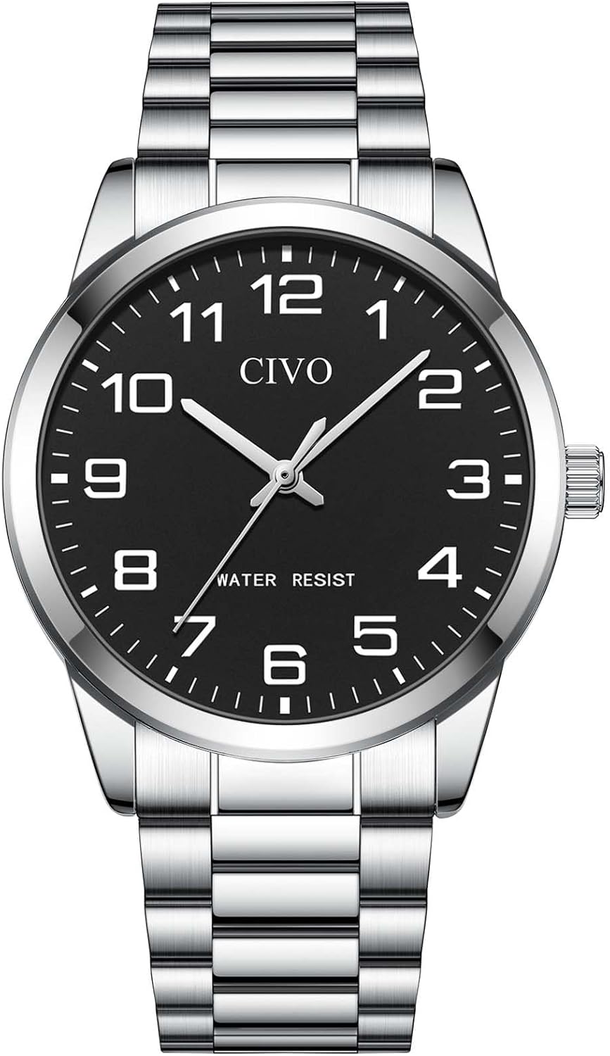 CIVO Men's Casual Analogue Quartz Watch, Easy to Read Silver Stainless Steel Waterproof Watch