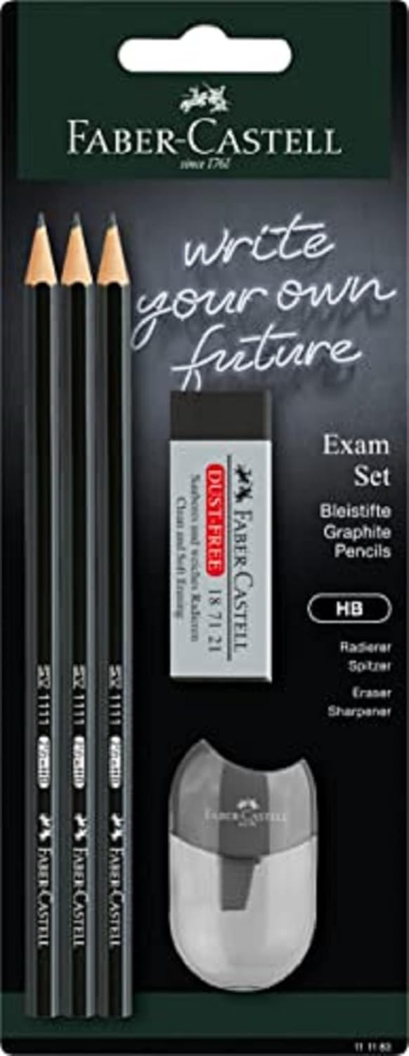 FABER-CASTELL 111183 Exam Pencil Set with Three Pencils 1111 HB Hardness with Sharpener and Eraser Black