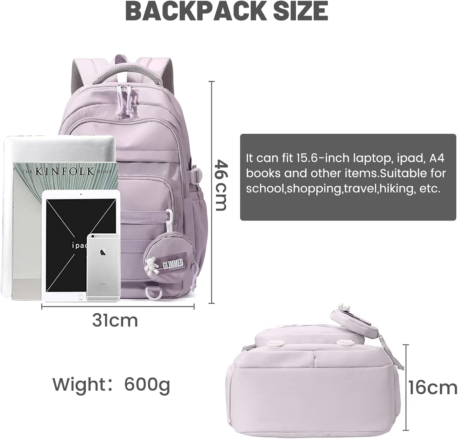 School Backpack Girls Teenagers Waterproof Daypack Lightweight School Bag Girls with Large Capacity Fashionable Backpack for School or Travel, purple, Rucksack Backpacks – Bild 3