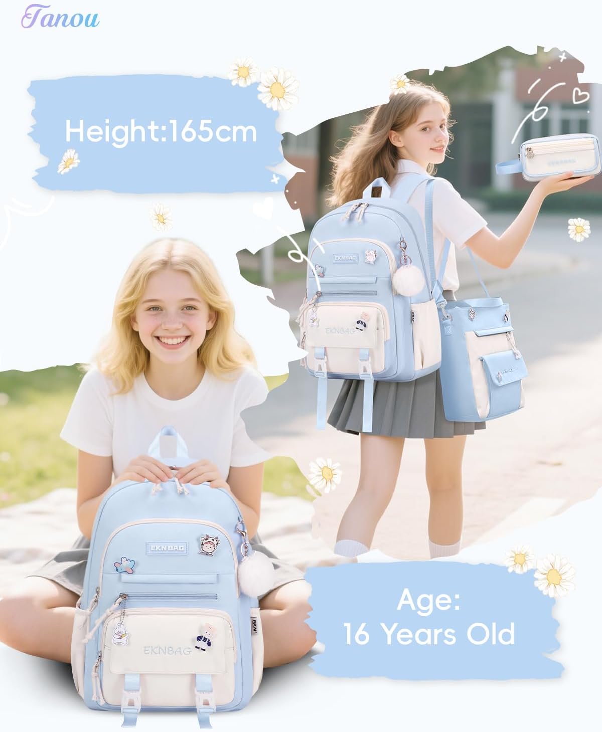 Tanou Backpack Girls School Backpack Teenagers School Bag Set with Students Shoulder Bag and Pencil Case, School Bag Children Casual Daypack School Bag for Girls, blue, Casual – Bild 2