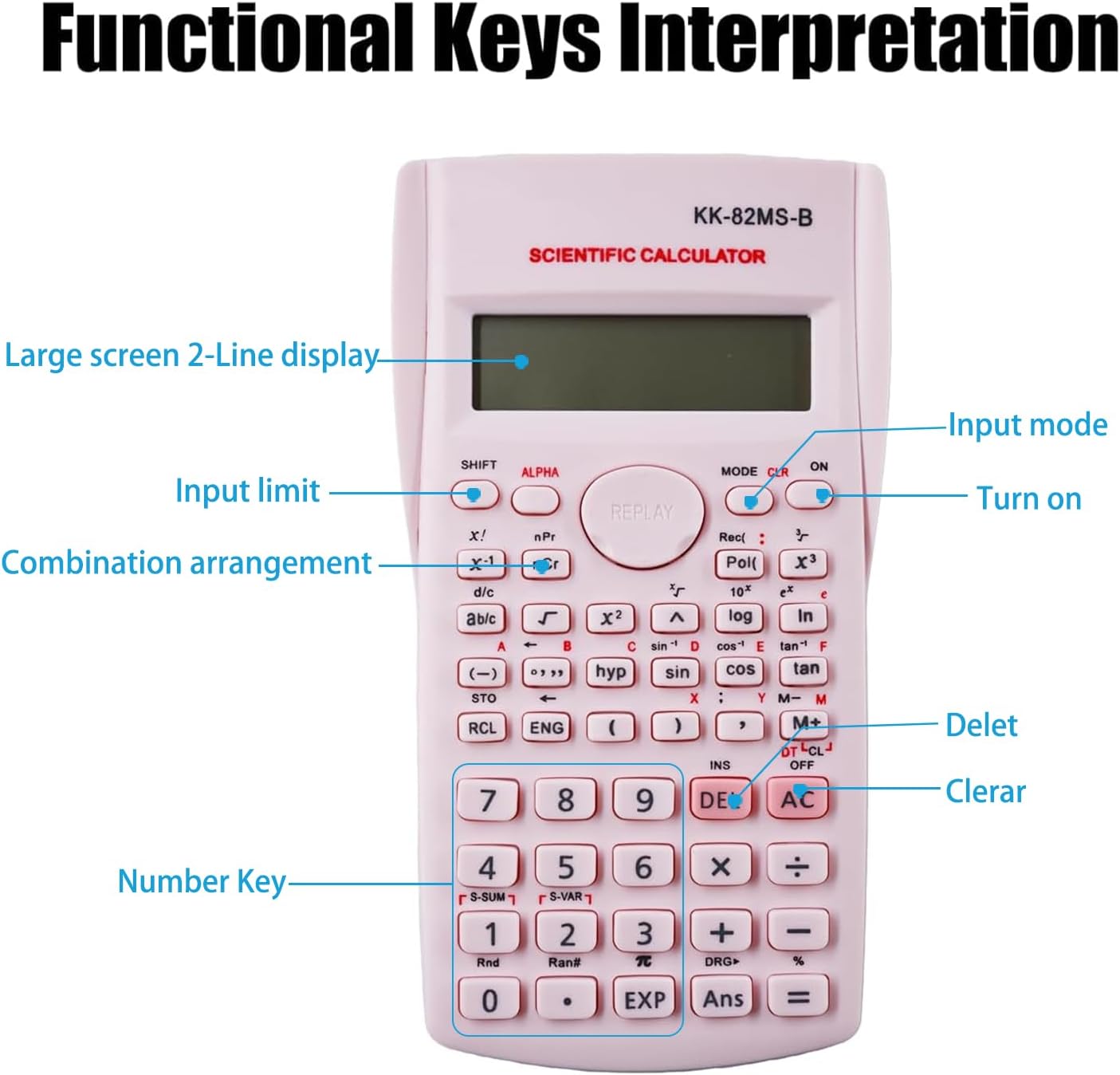 KK-82MS-D Portable Scientific Calculator with 240 Functions, Dual Line Display for School Supplies, Students, Teachers, Business, Office, Home (Pink) – Bild 3