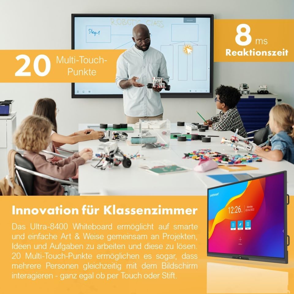 polyboard - Interactive Whiteboard 65 Inch (3840 x 2160 UHD) 2.4G WiFi - Digital Smart Board Classroom, Homeschooling, Presentation & Meeting - All-in-One Flipchart Monitor with Touch Screen – Bild 3