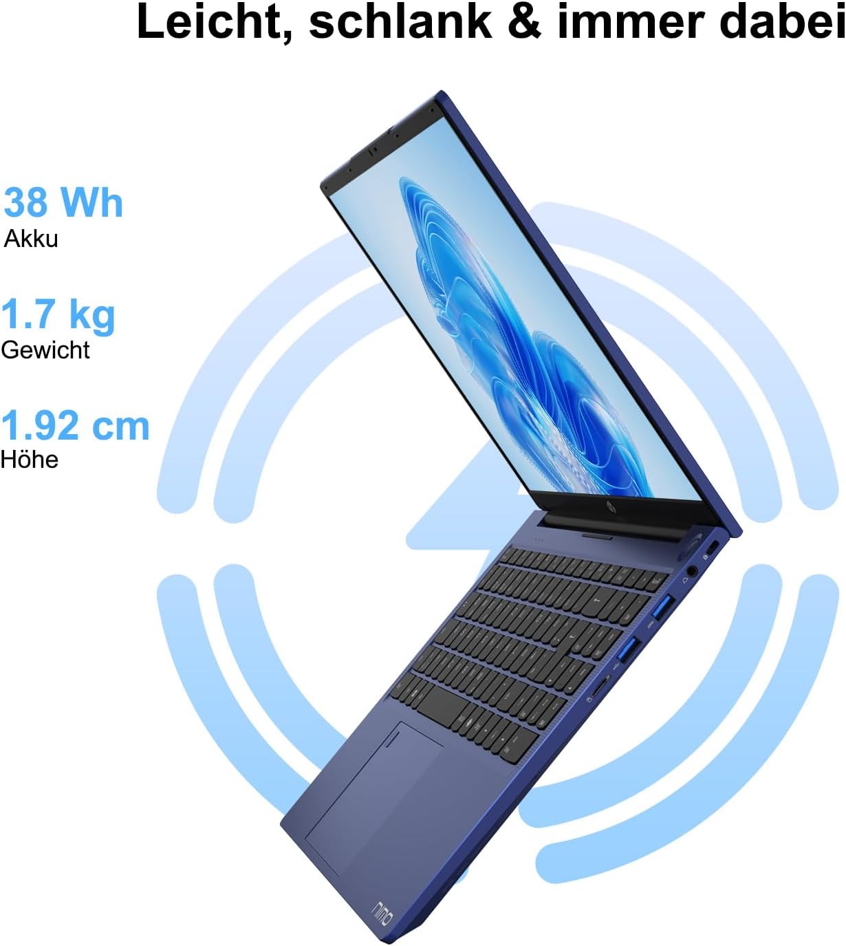 NIMO Laptop 15.6 Inch Full HD: 16GB RAM, 1TB SSD, Intel N100, WiFi Connectivity, USB-C 65W, Fingerprint, Illuminated Keyboard, Lightweight Computer for Work & Study, Blue – Bild 6