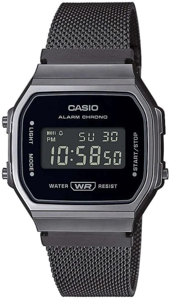 Casio A168WEMB-1BEF Unisex Quartz Watch, 37.00 mm Case Size with Black Digital Dial and Black Metal Strap, black, A168WEMB-1BEF