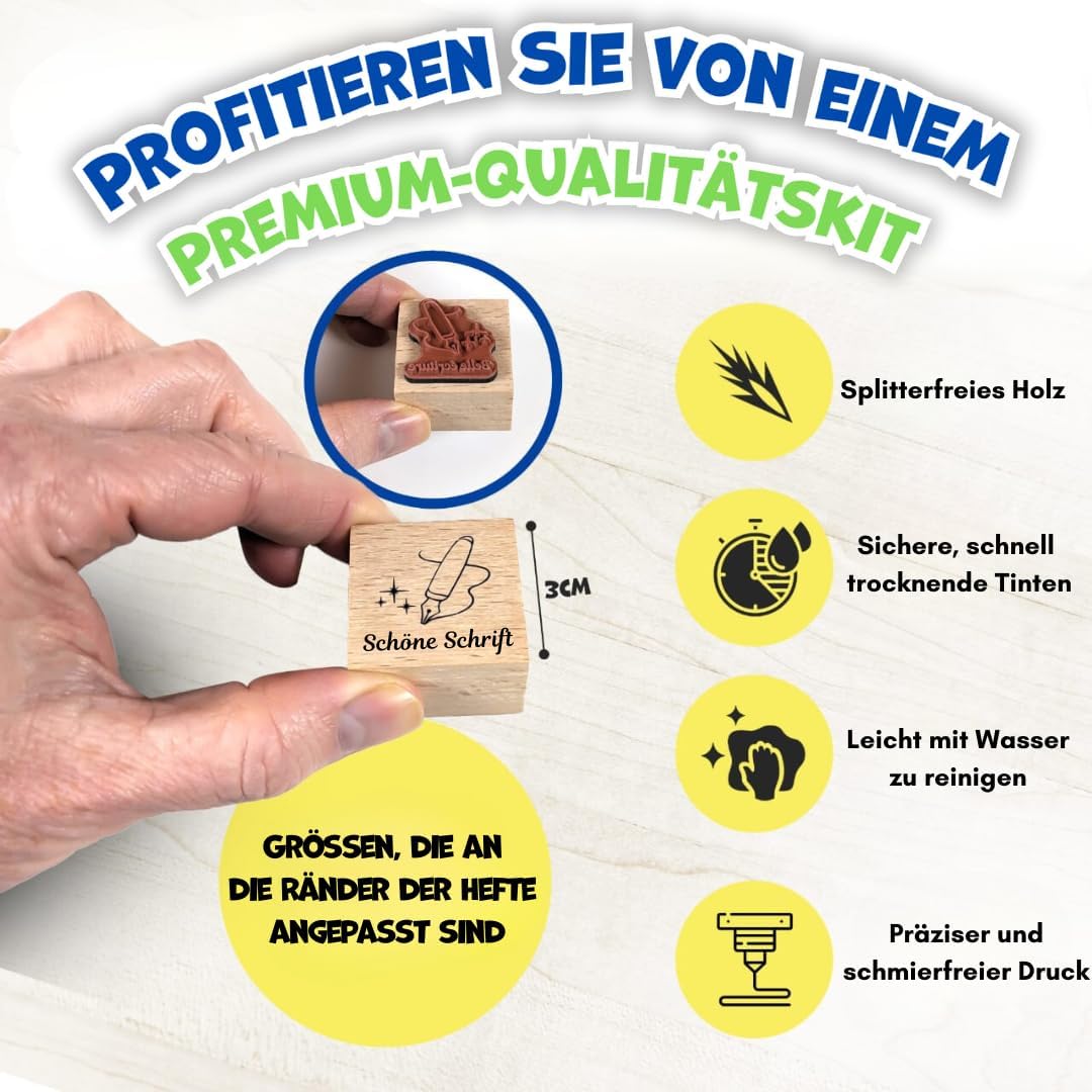 Teacher's Stamp Primary School - Complete Stamp Set Teacher with 15 Beech Wood Motivational Stamps, 6 Quick-Drying Ink Pads, 300 Stickers, EBook - Teacher Supplies, Teacher Gift & Referendary – Bild 8