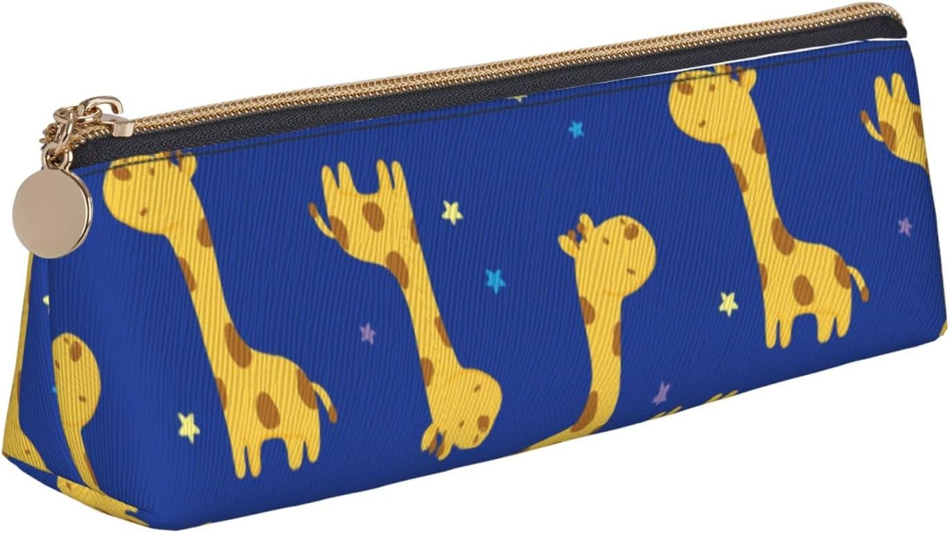 Cute Cartoon Giraffe Pattern Pencil Case Triangle Pencil Case Portable Pencil Case Leather Organizer with Zipper Cosmetic Bag, White, Bag organiser