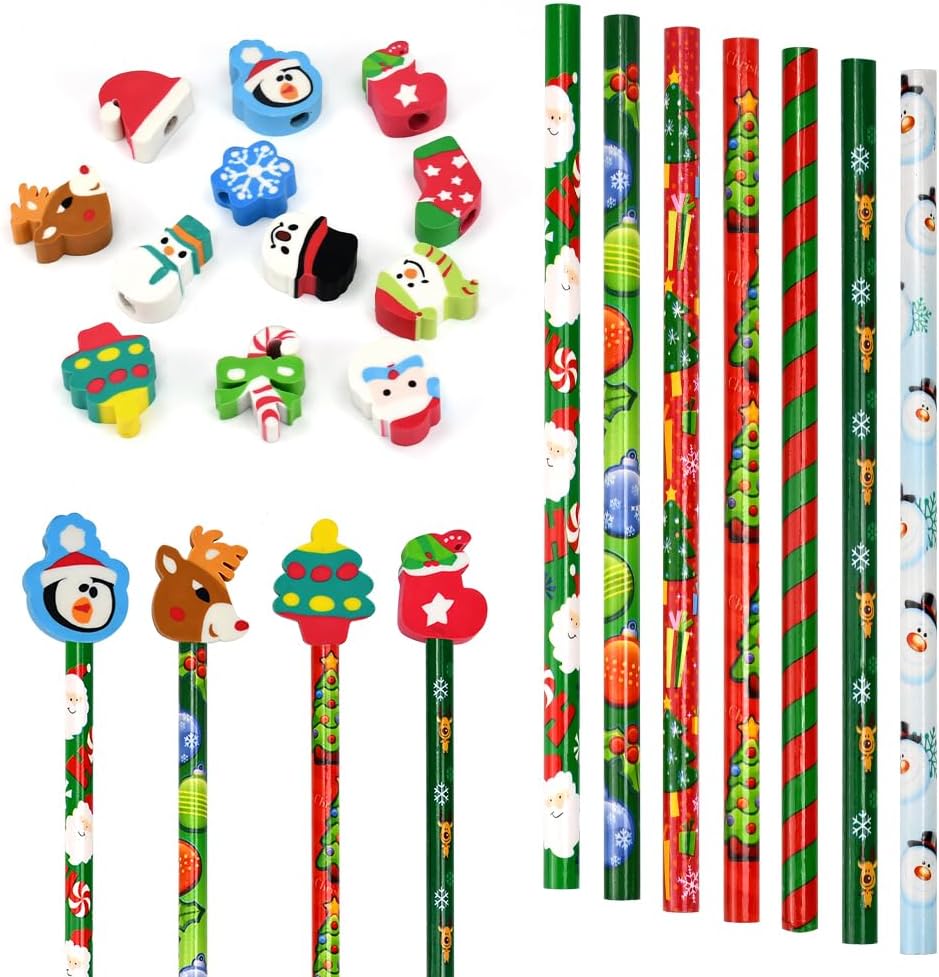 School HB Pens Set of 24 Christmas Pencils with Erasers Pencils Children Party Bags with Eraser Christmas Party Favours for Children Christmas Gift