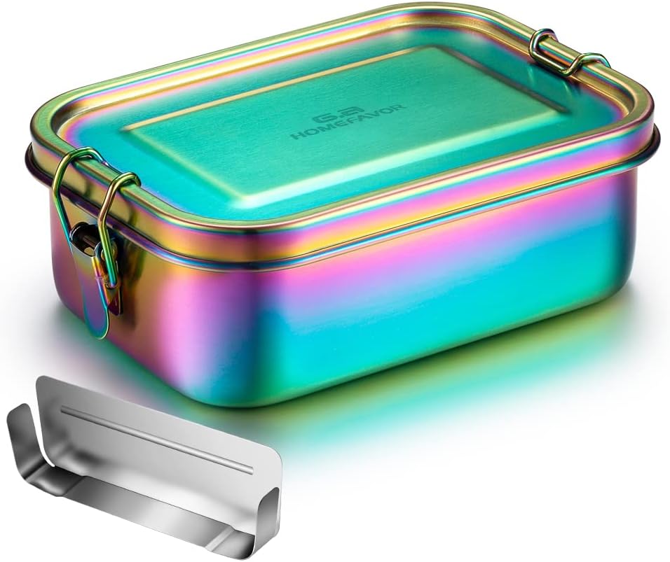 G.a HOMEFAVOR Stainless Steel Bento Box Leak-Proof Metal Lunch Box 800 ml with Removable Divider Galvanised Rainbow Colour Lunch Box