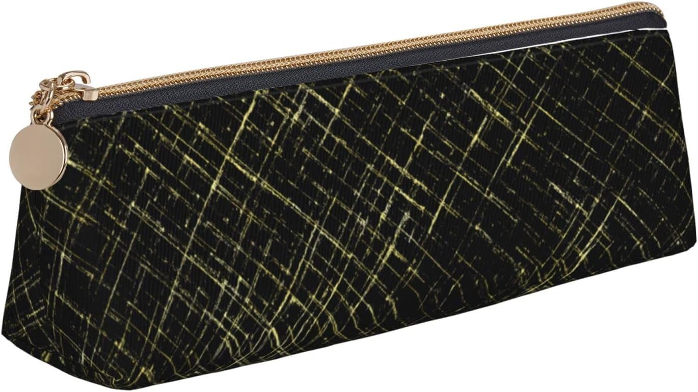 Black Gold Plaid Pencil Case Cosmetic Bag Pencil Case Triangle Leather Storage Bag Zipper Stationery Organizer for Adults Office, Black Gold Plaid, Bag organiser