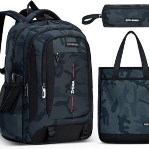 School Backpack Boys Teenagers School Bag for Boys 3rd 5th to 7th Grade Waterproof Camouflage School Bag Set with Shoulder Bag Pen Bag Large Casual Backpack, Green, Rucksack Backpacks