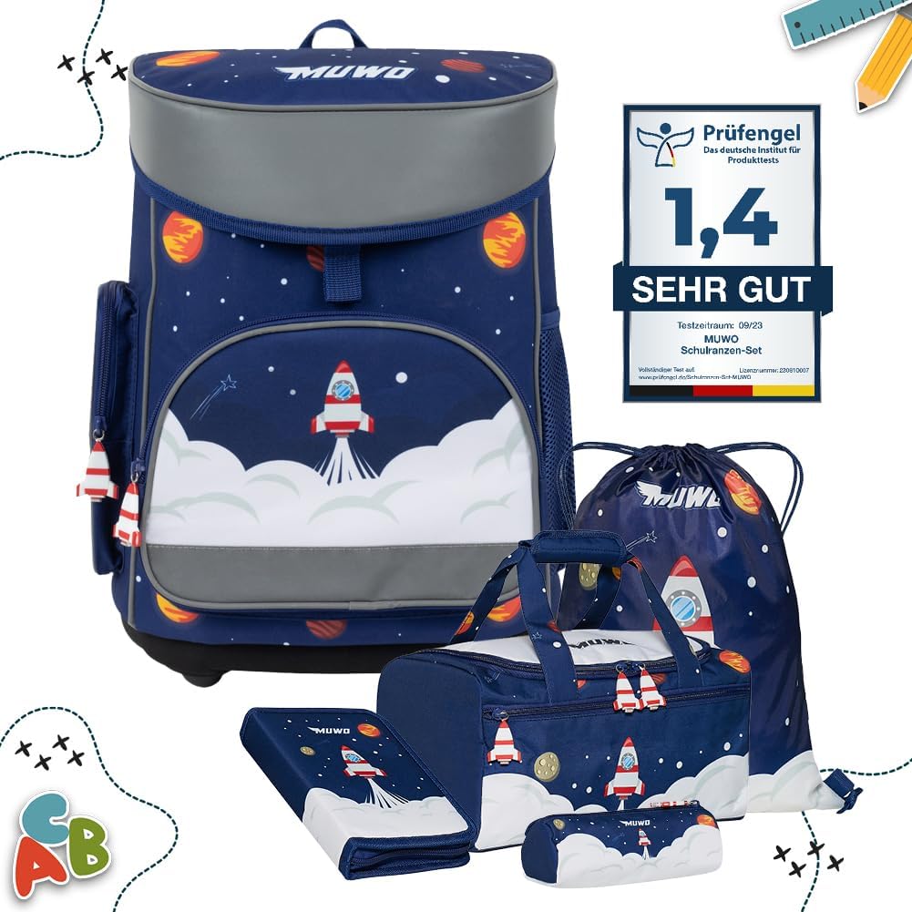 MUWO Children's School Bag Set of 5 Ergonomic Lightweight School Backpack with Sports Bag, Gym Bag, Pencil Case, Only 920 g, Space design
