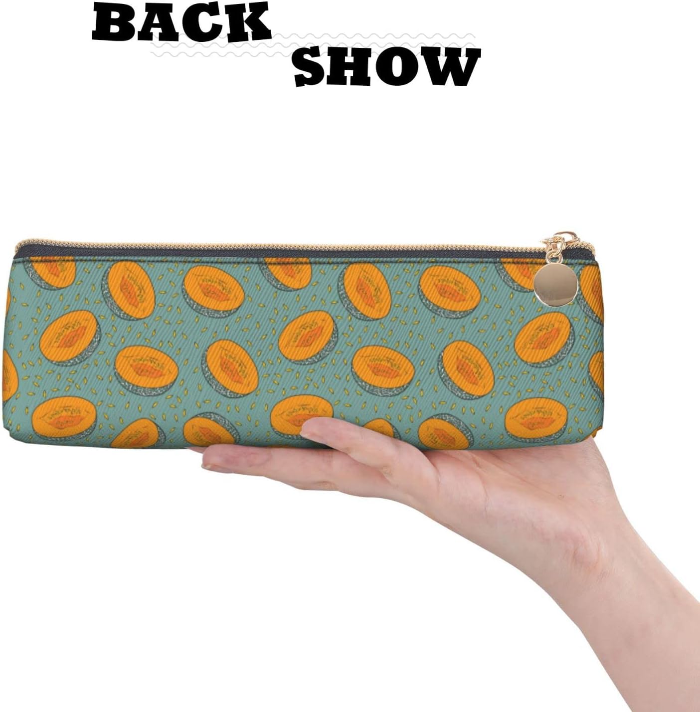 Cartoon Cantaloupe Fruit Pattern Pencil Case Cosmetic Bag Pen Bag Triangle Leather Storage Bag with Zipper Stationery Organizer for Adults Office, Cartoon Cantaloupe Fruit Pattern, Bag – Bild 5