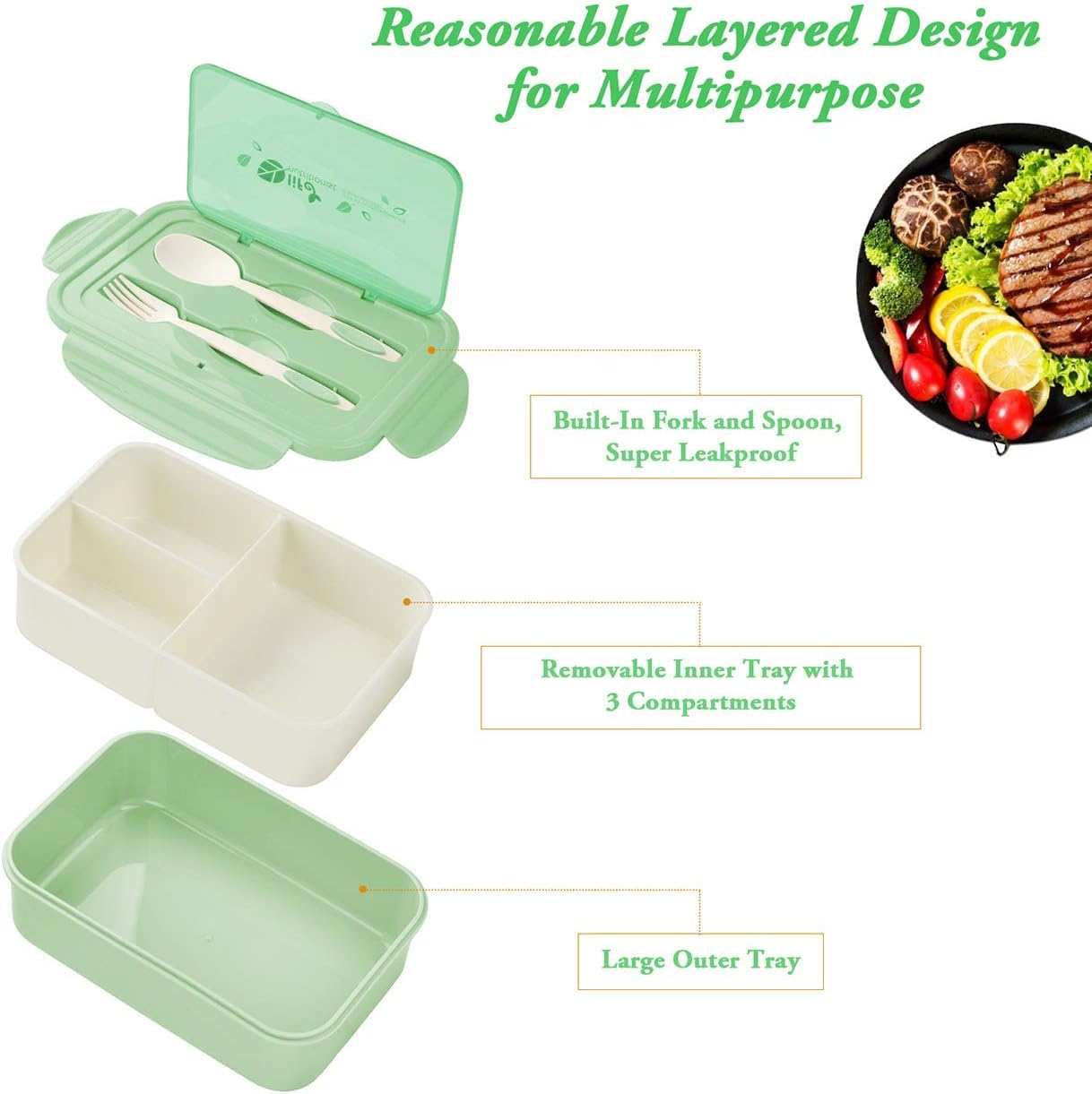 BIBURY Bento Lunch Box for Adults and Children, Leak-Proof, 1400 ml Lunch Box with 3 Compartments and Cutlery, Lunch Box Kids, Microwave-Safe, for School, Work, Picnic, Travel (Green) – Bild 3