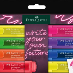 Faber-Castell 254601 Neon Highlighter Pens with Precision Chisel Tip, Bright Neon Colours, Ergonomic Flat Design, Pack of 8
