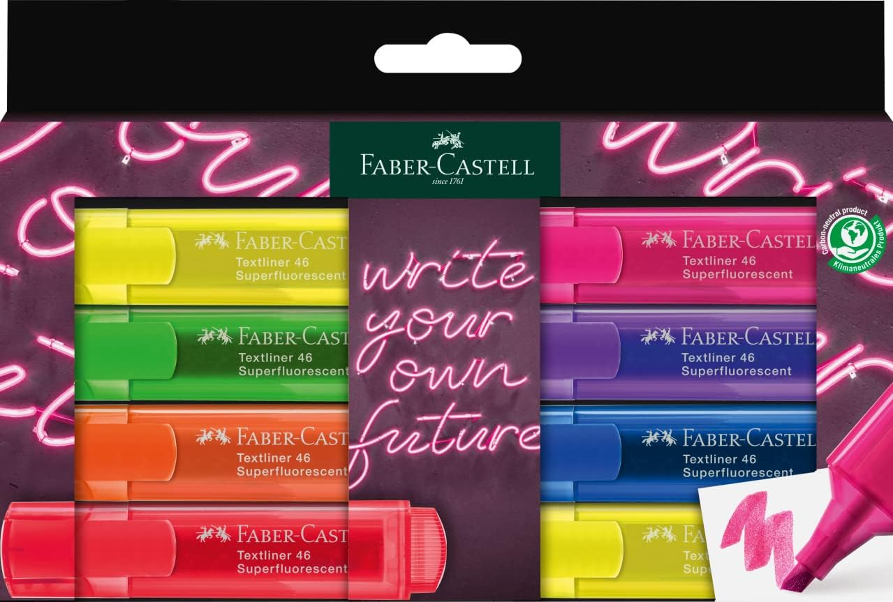 Faber-Castell 254601 Neon Highlighter Pens with Precision Chisel Tip, Bright Neon Colours, Ergonomic Flat Design, Pack of 8