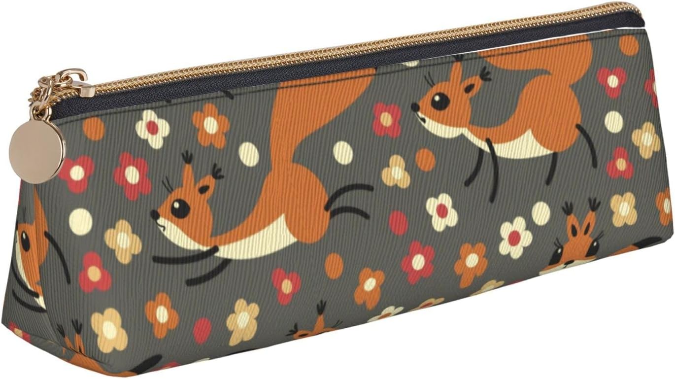 Federmäppchen mit süßem Streifenhörnchen- und Pilzmuster, dreieckiges Stiftetui, tragbares Federmäppchen, Leder-Organizer mit Reißverschluss, Kosmetiktasche