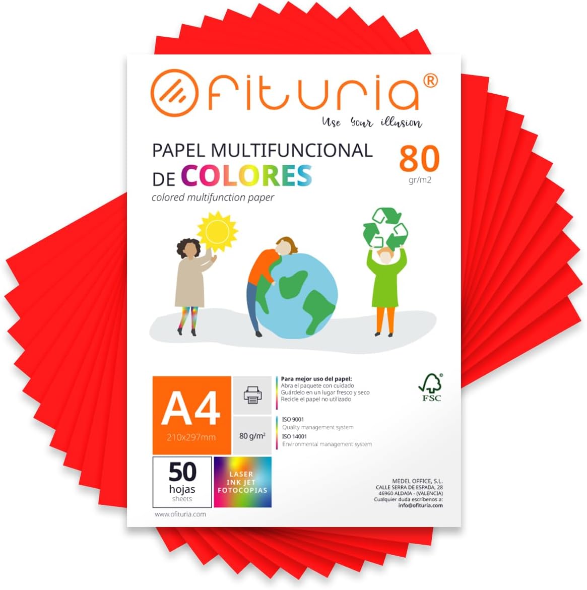 Pack of 50 Sheets of A4 80g Coloured Paper for Crafts, Printers, Scrapbooking - Ideal Origami, Papyroflexia, Office and School (Red, 50 h)
