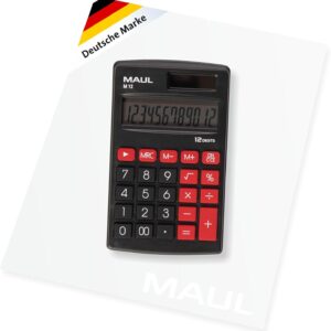 MAUL Calculator M12, Calculator with Large 12-Digit Display, Standard Functions for Office, School, Function Keys, Colourful, Solar Calculator with Battery Use in the Dark, Black, 11.5 x 6.9 x 1.0 cm