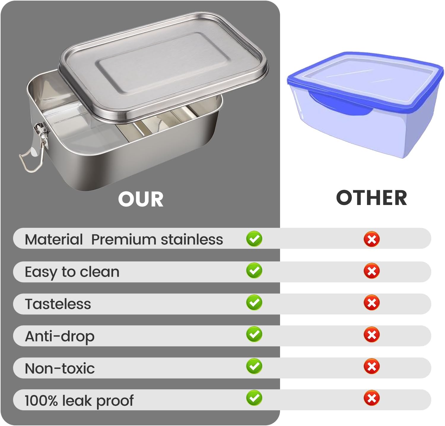 Stainless Steel Lunch Box, 1200 ml Lunch Box, Leak-Proof with Removable Divider, Lunch Boxes, Metal, Environmentally Friendly, for Adults and Children – Bild 6