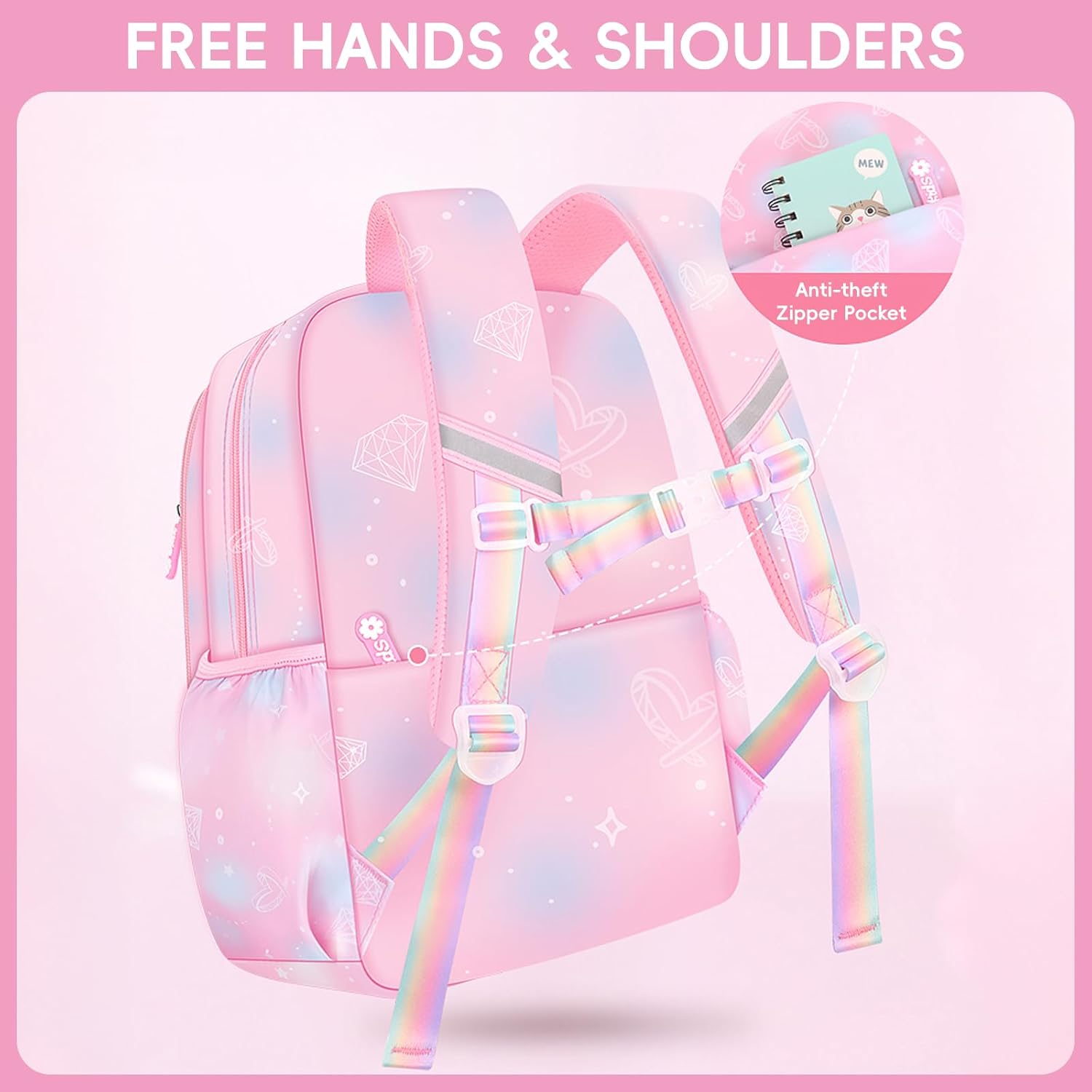 School Backpack Girls Set 3 in 1 with Lunch Bag Pencil Case, 2025 Backpack School Children's School Bag with Chest Strap Reflective, School Bag Kawaii Water-Repellent 26L, 6777, pink – Bild 4