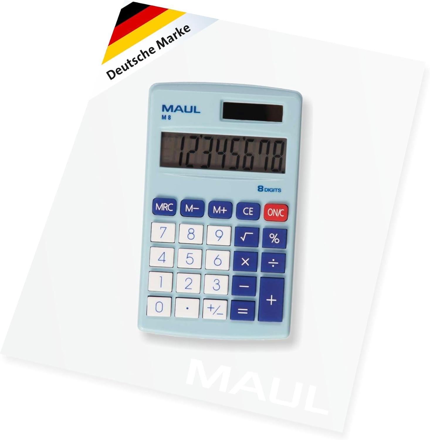 Maul Calculator M8 Calculator with Large 8-Digit Display, Standard Functions for Office, Home, Function Buttons, Coloured Solar Calculator, Battery Use in the Dark, Blue, 11.5 x 6.9 x 1.0 cm
