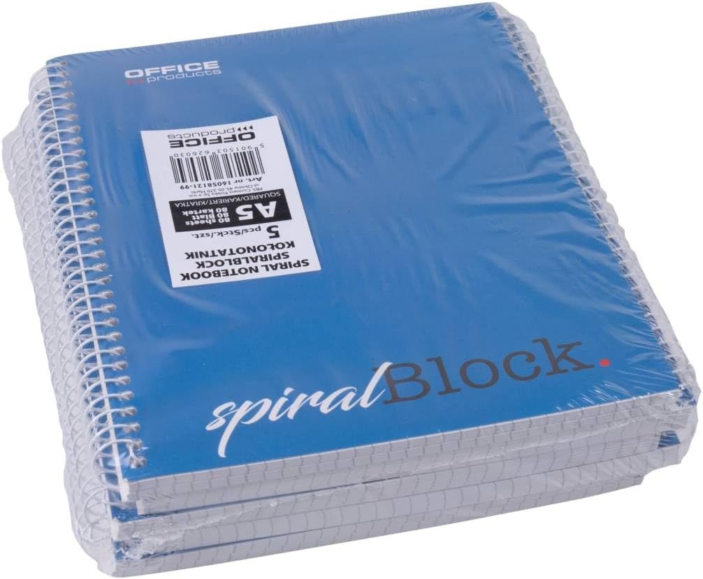 OFFICER PRODUCTS Spiral Notepad A5 Squared / Pack of 5 / 80 Sheets / 160 Pages / Notebook Spiral Notepad College Notepad with Spiral Bound / School Pad Writing Pad – Bild 3