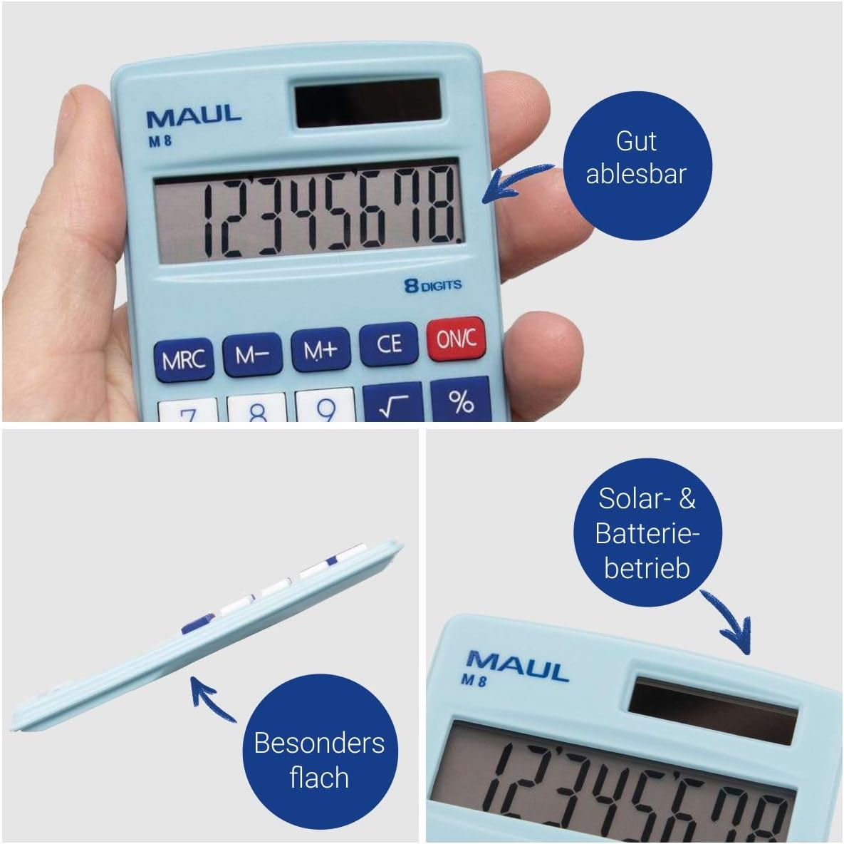 Maul Calculator M8 Calculator with Large 8-Digit Display, Standard Functions for Office, Home, Function Buttons, Coloured Solar Calculator, Battery Use in the Dark, Blue, 11.5 x 6.9 x 1.0 cm – Bild 3