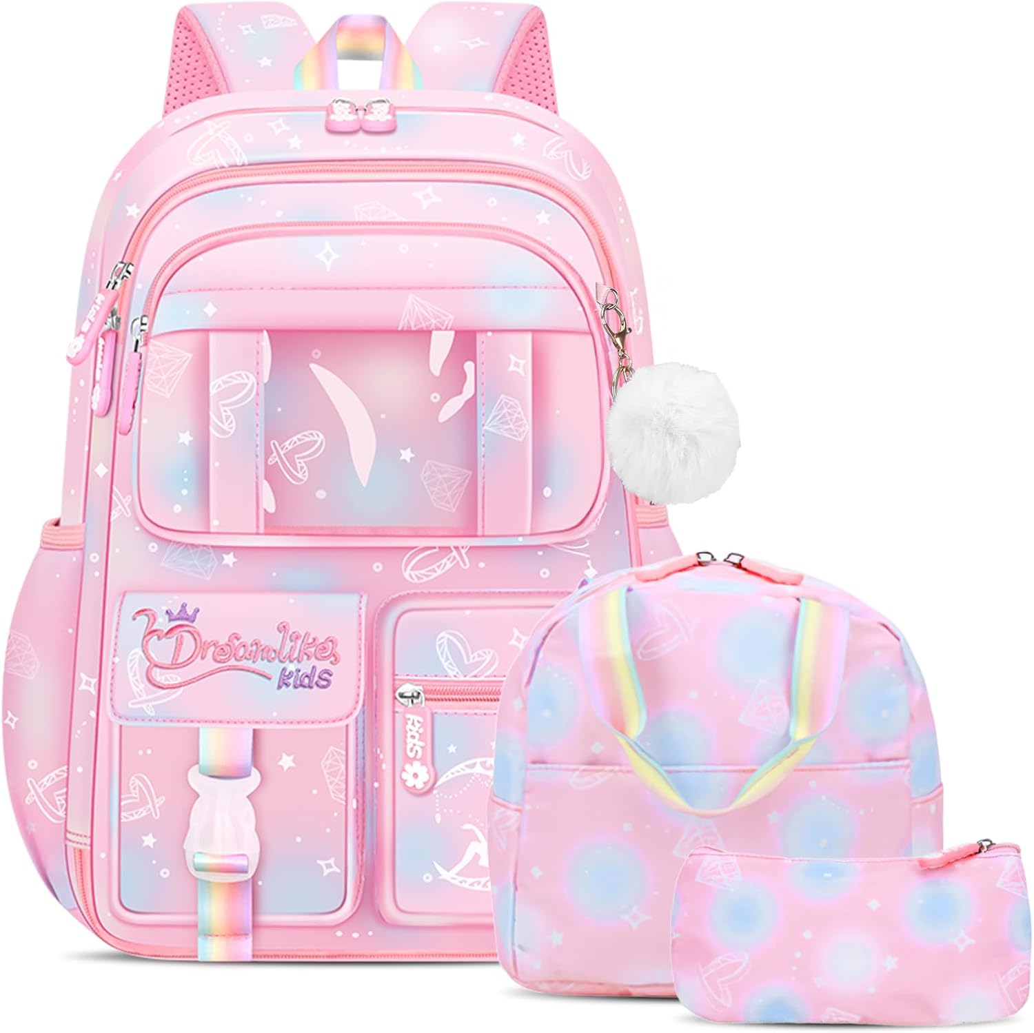 School Backpack Girls Set 3 in 1 with Lunch Bag Pencil Case, 2025 Backpack School Children's School Bag with Chest Strap Reflective, School Bag Kawaii Water-Repellent 26L, 6777, pink