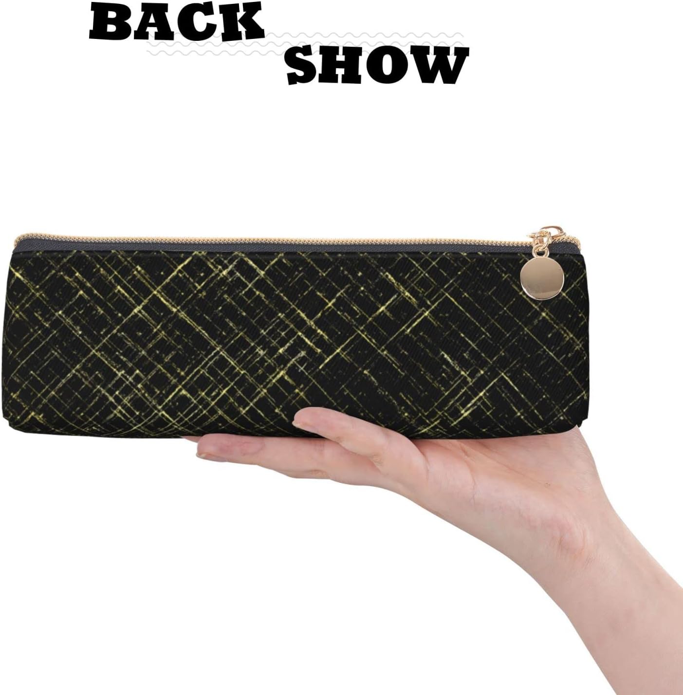 Black Gold Plaid Pencil Case Cosmetic Bag Pencil Case Triangle Leather Storage Bag Zipper Stationery Organizer for Adults Office, Black Gold Plaid, Bag organiser – Bild 5