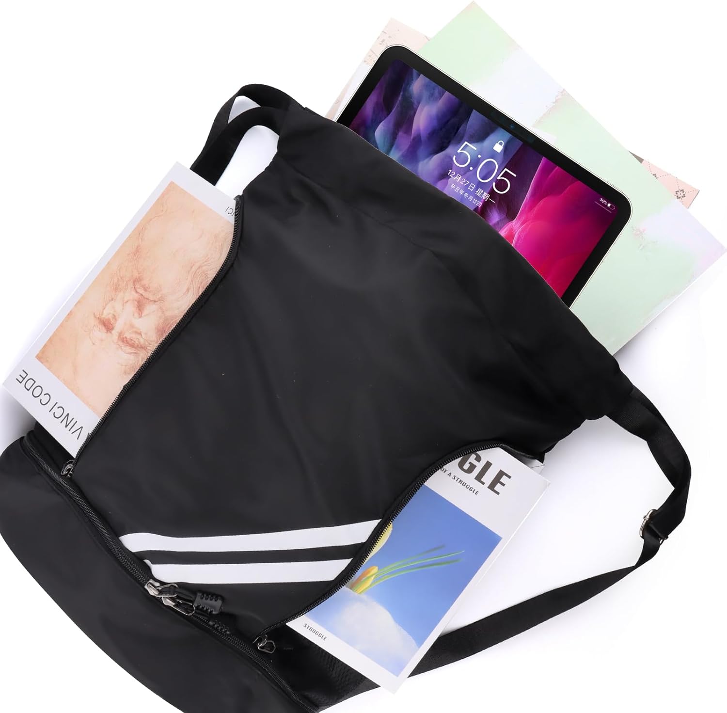 Gym Bag with Drawstring, Waterproof Sports Bag with Bottom Compartment, Sports Backpack Gym Bag with Inner Pocket, Outer Pocket, Gym Bag for Sports, Travel and City, Swimming Bag Black for Men and – Bild 5