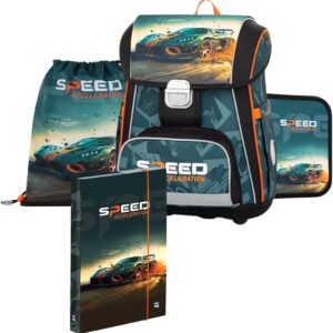 Premium School Set 4 Pieces: Ergonomic School Backpack, Sports Bag & Pencil Case with A4 Document Box Ideal for 1st & 2nd Class, Auto, Backpack