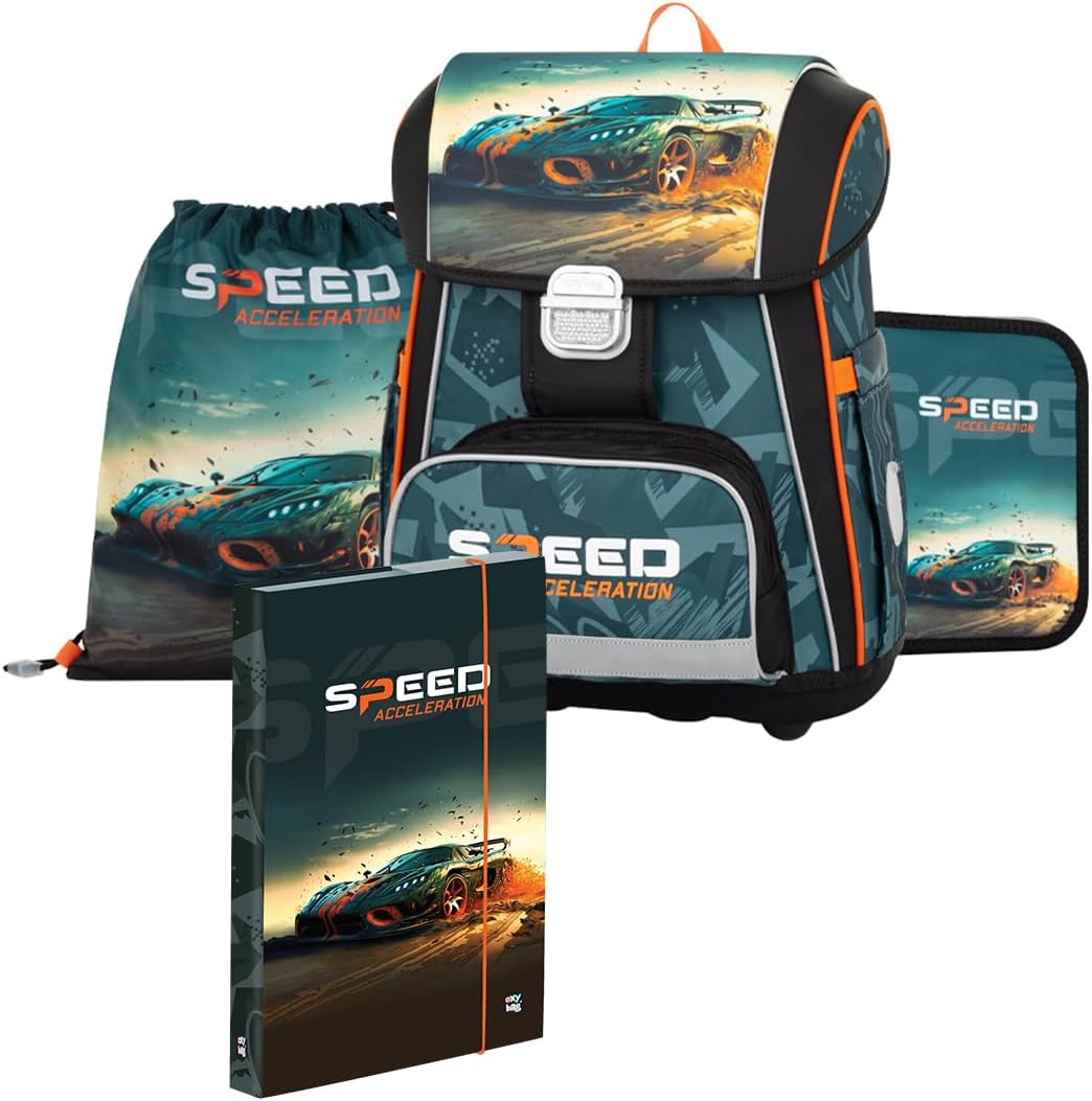 Premium School Set 4 Pieces: Ergonomic School Backpack, Sports Bag & Pencil Case with A4 Document Box Ideal for 1st & 2nd Class, Auto, Backpack