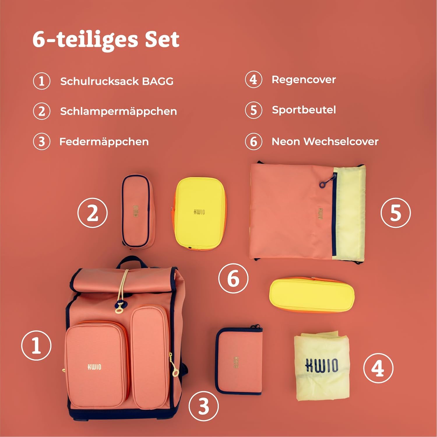 KWIO Bagg School Bag Set, 6 Pieces, Roll-Top Design, Front Pockets for Water Bottle and Lunch Box, Rain Cover, Retro Reflective Coating, Ergonomic Carry System, 1st Class – Bild 3
