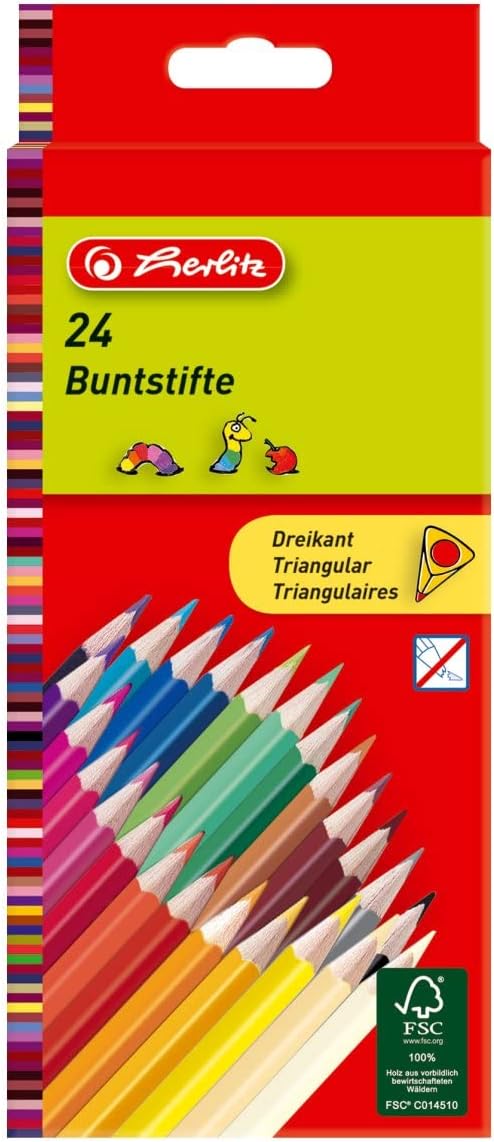 Herlitz Pack of 6 triangular coloured pencils, 6 packs, lacquered, contents per pack: 6 coloured pencils (1, 24 colours)