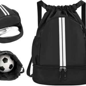 Black Unisex Drawstring Backpack, Oxford Fabric Gym Bag with Shoe Compartment, Aesthetic Sack Backpack, Drawstring Bags, Waterproof Drawstring Backpack, Swimming Bag for Sports, Travel, City