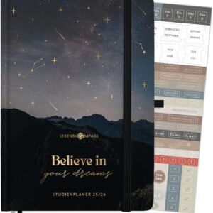 Lebenskompass® Study Planner 2025 2026 A5 "Starfall" - Semester Planner for University & Study, Diary with Timetable, Note Lists, Reflection, Hardcover with Gold Embossing