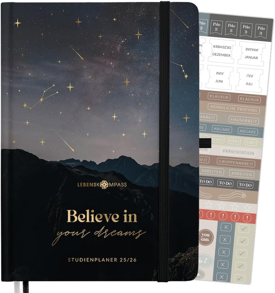 Lebenskompass® Study Planner 2025 2026 A5 "Starfall" - Semester Planner for University & Study, Diary with Timetable, Note Lists, Reflection, Hardcover with Gold Embossing