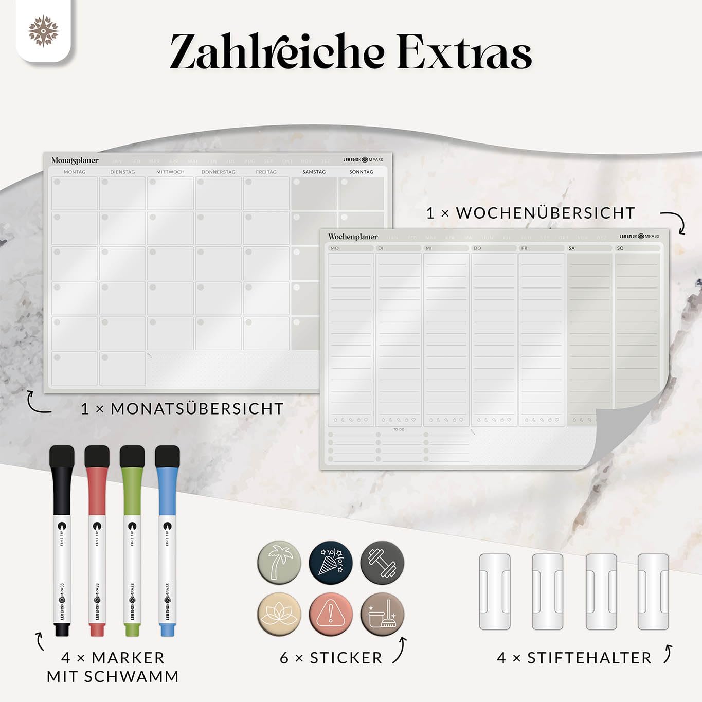 Lebenskompass Flexiplan® Self-Adhesive Weekly Planner Wipeable Whiteboard Planning Board Sticks to All Smooth Surfaces Undated Wall Calendar Planner Including Stickers & Pens – Bild 6