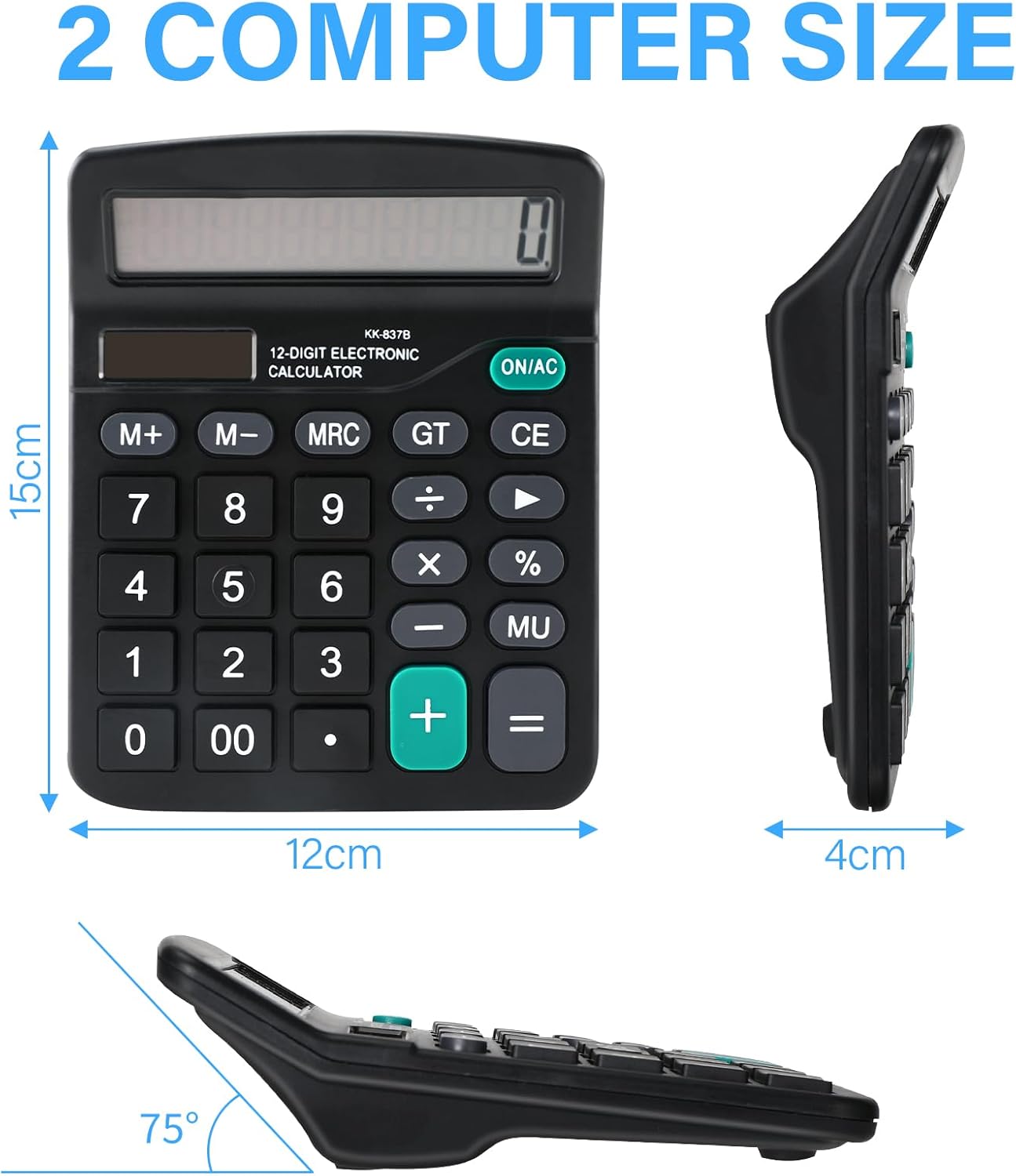 2 Pack Calculator, Desktop Calculator 12 Digits with Large LCD Display and Sensitive Button, Dual Power (Solar and Battery) for Office, Home and School, Table Calculator Black – Bild 2